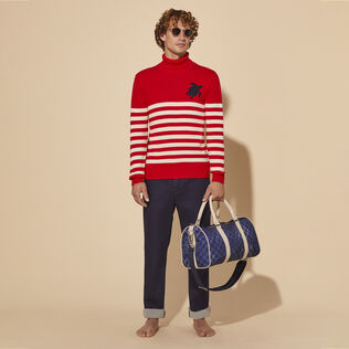 Men Striped Cotton and Cashmere Turtleneck Pullover Jacquard Tortue Red details view 1