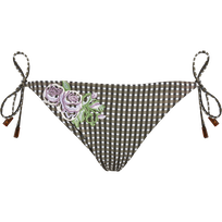 Women String Bikini Bottom Pocket Check Fleurs Brodées Bronze front view