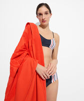 Unisex Organic Cotton Towel - Vilebrequin x Ines de la Fressange Poppy red front worn view
