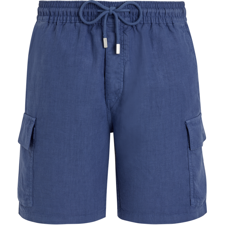 Men Linen Bermuda Shorts Cargo Pockets - Baie - Blue