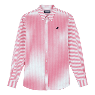Camicia uomo a righe in seersucker Rosa caramella vista frontale