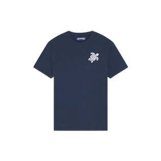 Camiseta de algodón orgánico con tortuga bordada para hombre Azul marino vista frontal