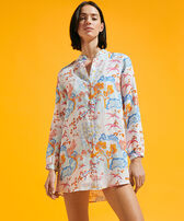 Women Linen Shirt Dress Peaceful Trees White front worn view