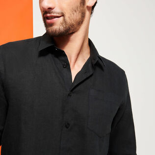 Camicia uomo in lino tinta unita Nero dettagli vista 2