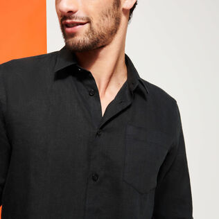 Men Linen Shirt Solid Black 细节视图2