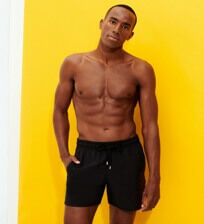 Men Swimwear Solid Black front worn view