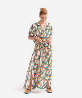 Vestido largo en gasa de algodón con estampado Africain para mujer - Vilebrequin x JCC+ - Edición limitada Blanco vista frontal desgastada