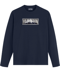 Camiseta de algodón de manga larga con parche con bordado Moutain para hombre Azul marino vista frontal