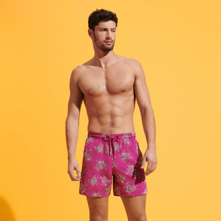 Men Swim Trunks Embroidered VBQ Turtles - Limited Edition Crimson purple front worn view