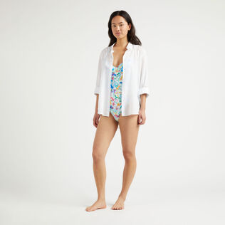 Camicia unisex leggera in voile di cotone tinta unita Bianco vista frontale indossata