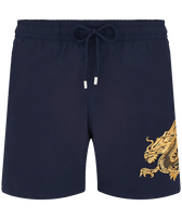 Men Placed Embroidery Swim Shorts The Year of the Dragon Navy front view