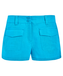 Bermudas cortas en lino liso para mujer - Vilebrequin x JCC+ - Edición limitada Swimming pool vista frontal