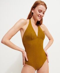 Plumes Jacquard-Badeanzug mit Nackenträger für Damen Borke Vorderseite getragene Ansicht