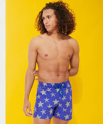 Men Embroidered Embroidered - Men Swim Shorts Embroidered Starfish Dance - Limited Edition, Purple blue front worn view