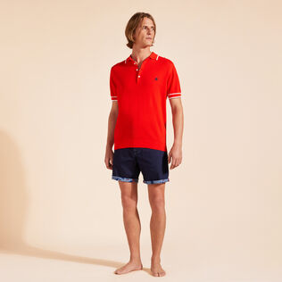 Men Organic Knit Cotton Polo Solid Poppy red front worn view