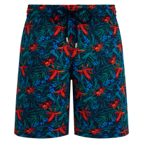 Men Stretch Long Swim Trunks Tropical Flowers Navy front view