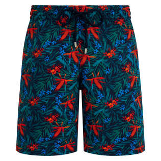 Men Stretch Long Swim Trunks Tropical Flowers Navy front view