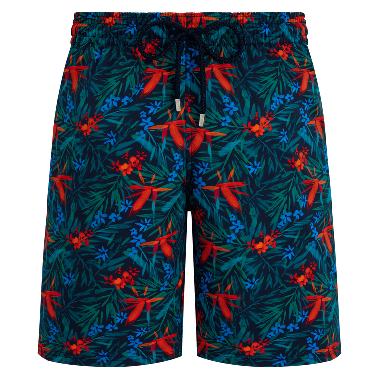 Vilebrequin Men Stretch Long Swim Shorts Tropical Flowers - Okorise - Blue - Size XL