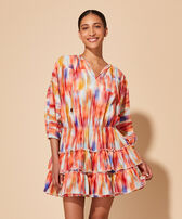 Women Cotton Ruffled Dress Ikat Flowers Multicolor front worn view