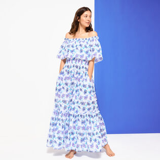 Robe longue en coton col bardot femme Flash Flowers Purple blue vue de détail 3