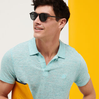 Polo en punto de lino de color liso para hombre Lazuli blue heather detalles vista 3