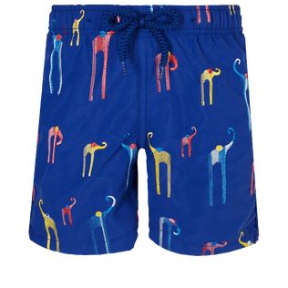 Boys Swim Trunks Embroidered Giaco Elephant Batik blue front view