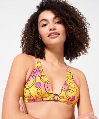 Top de bikini anudado al cuello con estampado Monsieur André para mujer - Vilebrequin x Smiley® Limon vista frontal desgastada
