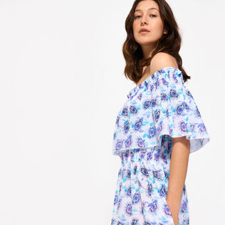 Langes schulterfreies Flash Flowers Kleid aus Baumwolle für Damen Purple blue Details Ansicht 1