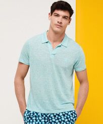 Men Linen Jersey Polo Shirt Solid Lazuli blue heather front worn view