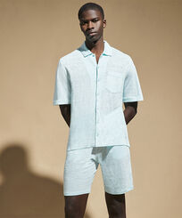 Unisex Linen Bowling Shirt Solid Heather thalassa front worn view