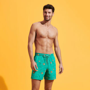 Men Swim Trunks Embroidered Piranhas - Limited Edition Tropezian green front worn view