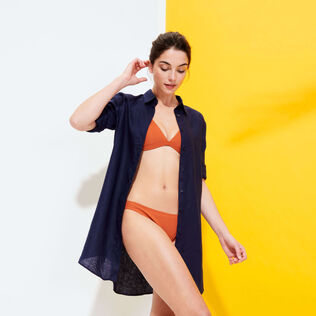 Vestido camisero de lino de color liso para mujer Azul marino detalles vista 3