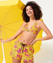 Pantalón corto de baño con estampado Monsieur André - Vilebrequin x Smiley® para mujer Limon vista frontal desgastada