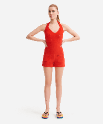 Frottee-Playsuit für Damen – Vilebrequin x JCC+ – Limitierte Serie Mohnrot Vorderseite getragene Ansicht
