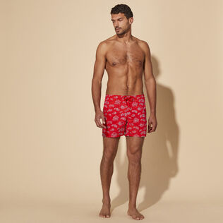 Men Swim Shorts Embroidered Hermit Crabs - Limited Edition Poppy red front worn view