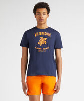 Men Cotton T-shirt Embossed logo Navy front worn view