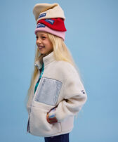 Girls High-Neck Jacket Ikat Off white front worn view