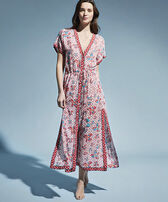 Women Maxi Dress Iris Lace- Vilebrequin x Poupette St Barth Poppy red front worn view
