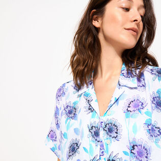 Damen Andere Bedruckt - Flash Flowers Kurzarmhemd aus Leinen für Damen, Purple blue Details Ansicht 1