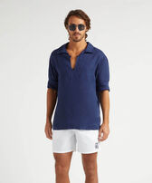 Linen Peajacket Solid - Vilebrequin x Ines de la Fressange Navy front worn view