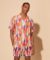 Men Linen Bowling Shirt Ikat Flowers Multicolor front worn view