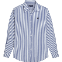 Camicia uomo a righe in seersucker Blu jeans vista frontale