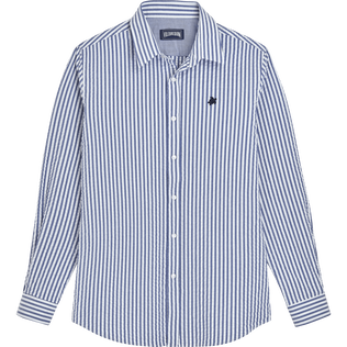 Camicia uomo a righe in seersucker Blu jeans vista frontale