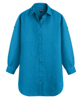 Women Linen Shirt Dress Solid Hawaii blue front view