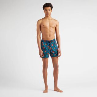 Men Stretch Short Swim Trunks Tropical Flowers Navy front worn view