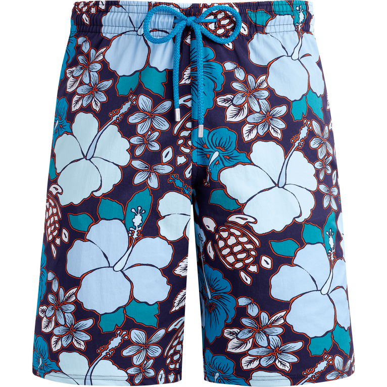 Men Long Stretch Swim Shorts Tropical Turtles - Okorise - Blue