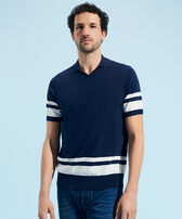 Men Cotton Bicolor Polo Navy front worn view