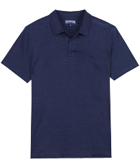 Polo en punto de lino de color liso para hombre Azul marino vista frontal