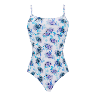 Bañador de una sola pieza con escote redondo y estampado Flash Flowers para mujer Purple blue vista frontal