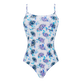 Bañador de una sola pieza con escote redondo y estampado Flash Flowers para mujer Purple blue vista frontal